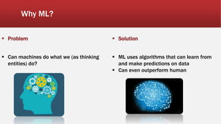 Why ML?
 Problem  Solution
 Can machines do what we (as thinking
entities) do?
 ML uses algorithms that can learn from
and make predictions on data
 Can even outperform human
 