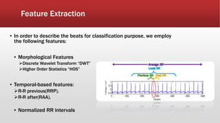 Feature Extraction
▪ In order to describe the beats for classification purpose, we employ
the following features:
▪ Morphological Features
Discrete Wavelet Transform “DWT”
Higher Order Statistics “HOS”
▪ Temporal-based features:
R-R previous(RRP).
R-R after(RAA).
▪ Normalized RR intervals
 