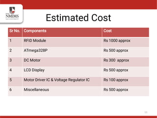 Estimated Cost
Sr No. Components Cost
1 RFID Module Rs 1000 approx
2 ATmega328P Rs 500 approx
3 DC Motor Rs 300 approx
4 LCD Display Rs 500 approx
5 Motor Driver IC & Voltage Regulator IC Rs 100 approx
6 Miscellaneous Rs 500 approx
11
 