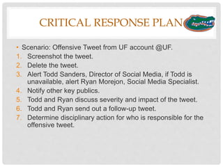 SOCIAL MEDIA ROLES AND
RESPONSIBILITIES
• Director of Social Media: Todd Sanders
• Social Media Specialist: Ryan Morejon
• Web: Al Kirby
• Interim Assistant Vice President, Marketing: Nicole Yucht
• Photographer: Hannah Pietrick
 