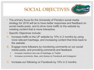 SOCIAL MEDIA AUDIT
Social
Network
URL Follower
Count
Average
Weekly
Activity
Average
Engagement
Rate
Twitter Twitter.com/uf 112,700 20 posts per week
+ 10% increase
10%
Facebook Facebook.com/uf 631,474 10 posts per week
+ 5% increase
5%
Instagram Instagram.com/uf 80,900 4 posts per week
+ 2% increase
1%
Social Media Assessment: At this present time, the
most interaction is coming from Twitter. Instagram
could be very much improved.
 