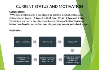 CURRENT STATUS AND MOTIVATION
Current status:
We have implemented a five staged 32-bit RISC V, which includes six
instruction set types : R-type ,I-type, B-type, J-type , L-type and S-type.
This design features a five-stage pipeline consisting of instruction fetch,
instruction decode, instruction execute, memory access, write back stages.
Motivation:
 