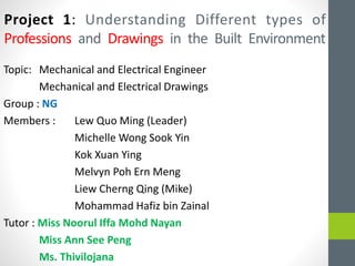 Project 1: Understanding Different types of
Professions and Drawings in the Built Environment
Topic: Mechanical and Electrical Engineer
Mechanical and Electrical Drawings
Group : NG
Members : Lew Quo Ming (Leader)
Michelle Wong Sook Yin
Kok Xuan Ying
Melvyn Poh Ern Meng
Liew Cherng Qing (Mike)
Mohammad Hafiz bin Zainal
Tutor : Miss Noorul Iffa Mohd Nayan
Miss Ann See Peng
Ms. Thivilojana
 