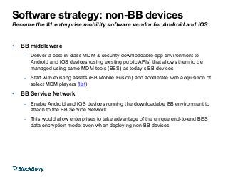 Software strategy: non-BB devices
Become the #1 enterprise mobility software vendor for Android and iOS
•  BB middleware
–...