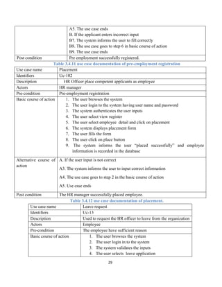 29
A5. The use case ends
B. If the applicant enters incorrect input
B7. The system informs the user to fill correctly
B8. The use case goes to step 6 in basic course of action
B9. The use case ends
Post condition Pre employment successfully registered.
Table 3.4.11 use case documentation of pre-employment registration
Use case name Placement
Identifiers Uc-102
Description HR Officer place competent applicants as employee
Actors HR manager
Pre-condition Pre-employment registration
Basic course of action 1. The user browses the system
2. The user login to the system having user name and password
3. The system authenticates the user inputs
4. The user select view register
5. The user select employee detail and click on placement
6. The system displays placement form
7. The user fills the form
8. The user click on place button
9. The system informs the user “placed successfully” and employee
information is recorded in the database
Alternative course of
action
A. If the user input is not correct
A3. The system informs the user to input correct information
A4. The use case goes to step 2 in the basic course of action
A5. Use case ends
Post condition The HR manager successfully placed employee.
Table 3.4.12 use case documentation of placement.
Use case name Leave request
Identifiers Uc-13
Description Used to request the HR officer to leave from the organization
Actors Employee
Pre-condition The employee have sufficient reason
Basic course of action 1. The user browses the system
2. The user login in to the system
3. The system validates the inputs
4. The user selects leave application
 