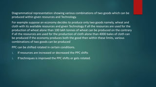 Diagrammatical representation showing various combinations of two goods which can be
produced within given resources and Technology.
For example suppose an economy decides to produce only two goods namely, wheat and
cloth with its available resources and given Technology if all the resources are used for the
production of wheat alone than 100 lakh tonnes of wheat can be produced on the contrary
if all the resources are used for the production of cloth alone than 4000 bales of cloth can
be produced if the economy produces both the good then within these limits, various
combinations of two goods can be produced
PPC can be shifted rotated in certain conditions.
1. If resources are increased or decreased the PPC shifts
1. If techniques is improved the PPC shifts or gets rotated.
 