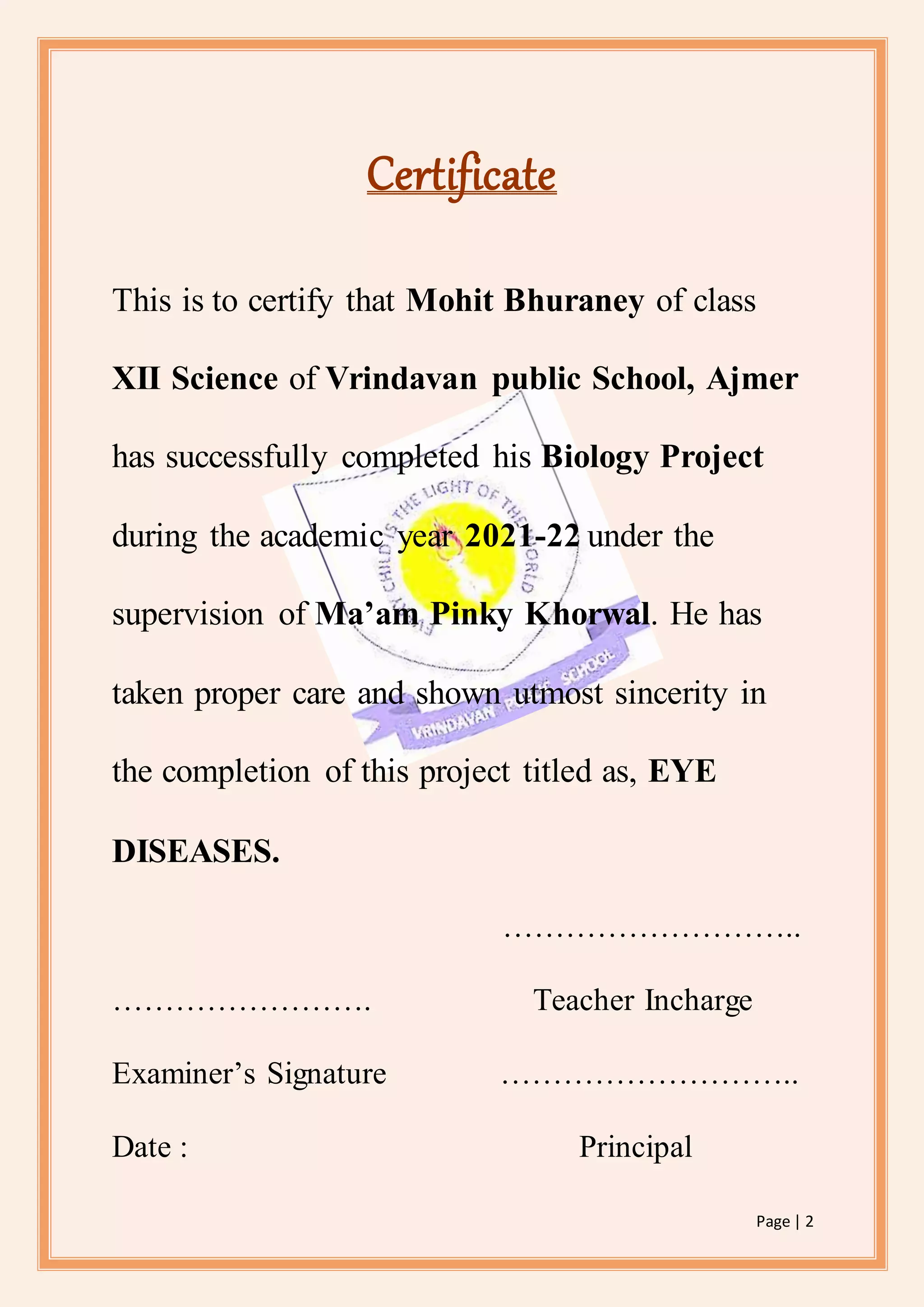 Biology Investigatory Project on Eye Diseases (class 12th) | DOCX