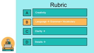 Rubric
A
B
C
Creativity
Language  Grammar+ Vocabulary
Clarity 
D Details 
 