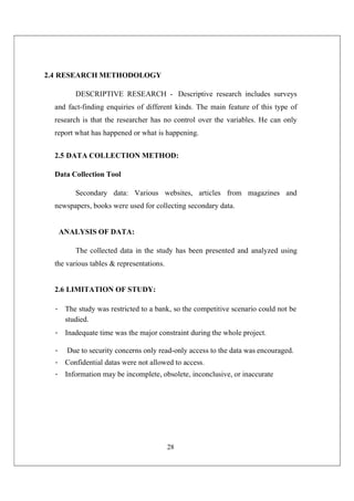 28
2.4 RESEARCH METHODOLOGY
DESCRIPTIVE RESEARCH - Descriptive research includes surveys
and fact-finding enquiries of different kinds. The main feature of this type of
research is that the researcher has no control over the variables. He can only
report what has happened or what is happening.
2.5 DATA COLLECTION METHOD:
Data Collection Tool
Secondary data: Various websites, articles from magazines and
newspapers, books were used for collecting secondary data.
ANALYSIS OF DATA:
The collected data in the study has been presented and analyzed using
the various tables & representations.
2.6 LIMITATION OF STUDY:
• The study was restricted to a bank, so the competitive scenario could not be
studied.
• Inadequate time was the major constraint during the whole project.
• Due to security concerns only read-only access to the data was encouraged.
• Confidential datas were not allowed to access.
• Information may be incomplete, obsolete, inconclusive, or inaccurate
 