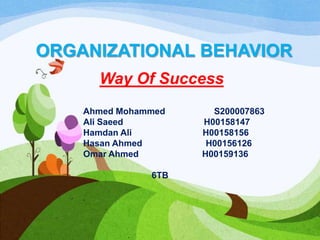 ORGANIZATIONAL BEHAVIOR
Way Of Success
Ahmed Mohammed S200007863
Ali Saeed H00158147
Hamdan Ali H00158156
Hasan Ahmed H00156126
Omar Ahmed H00159136
6TB
 