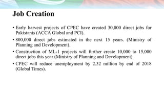 Job Creation
• Early harvest projects of CPEC have created 30,000 direct jobs for
Pakistanis (ACCA Global and PCI).
• 800,000 direct jobs estimated in the next 15 years. (Ministry of
Planning and Development).
• Construction of ML-1 projects will further create 10,000 to 15,000
direct jobs this year (Ministry of Planning and Development).
• CPEC will reduce unemployment by 2.32 million by end of 2018
(Global Times).
 