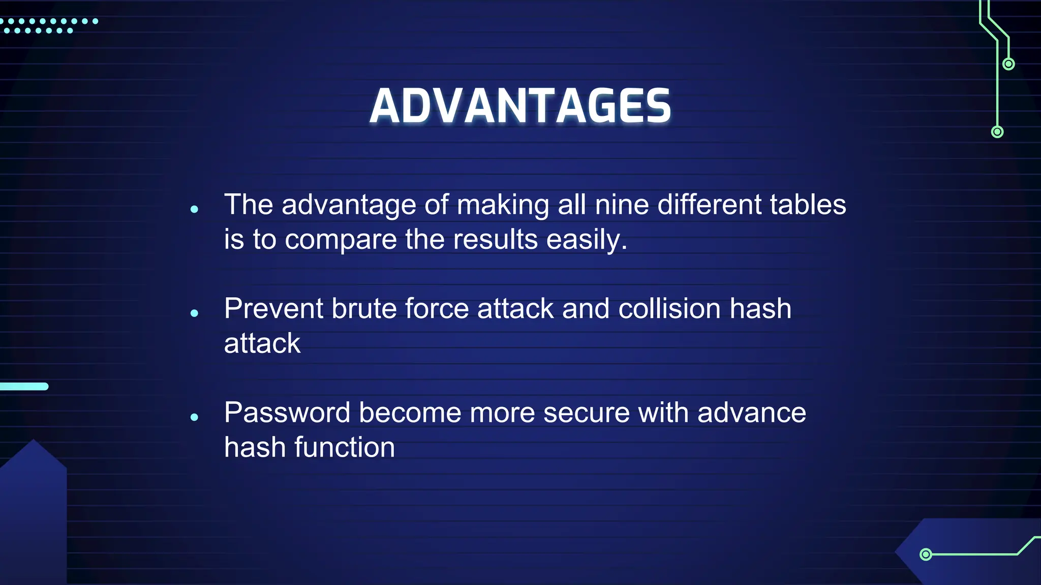 ADVANTAGES
● The advantage of making all nine different tables
is to compare the results easily.
● Prevent brute force attack and collision hash
attack
● Password become more secure with advance
hash function
 
