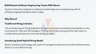 Build Remote Software Engineering Teams With Muoro
Muoro's innovative engineer on-demand model helps you to onboard top 3% of
software engineering talent within 3 days
Why Muoro?
Traditional Hiring is Broken
The orthodox way of hiring engineers through job portals and freelancing websites is very
frustrating for CXO and HR managers. Finding technically strong and the right talent is
cumbersome putting more time and money at stake
Introducing EaaS Hybrid Hiring Model
Muoro combines technology with years of managerial experience to build software teams
faster in a cost effective way.
 