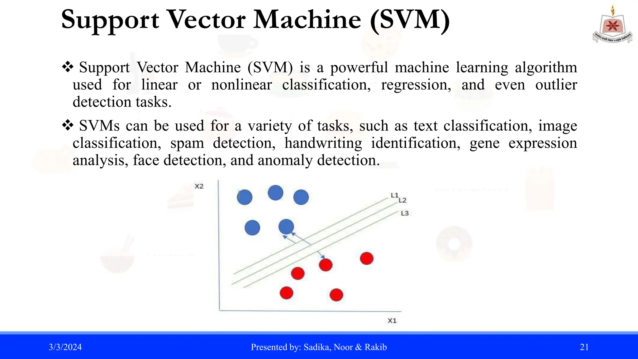 Support Vector Machine (SVM)
 Support Vector Machine (SVM) is a powerful machine learning algorithm
used for linear or nonlinear classification, regression, and even outlier
detection tasks.
 SVMs can be used for a variety of tasks, such as text classification, image
classification, spam detection, handwriting identification, gene expression
analysis, face detection, and anomaly detection.
3/3/2024 Presented by: Sadika, Noor & Rakib 21
 