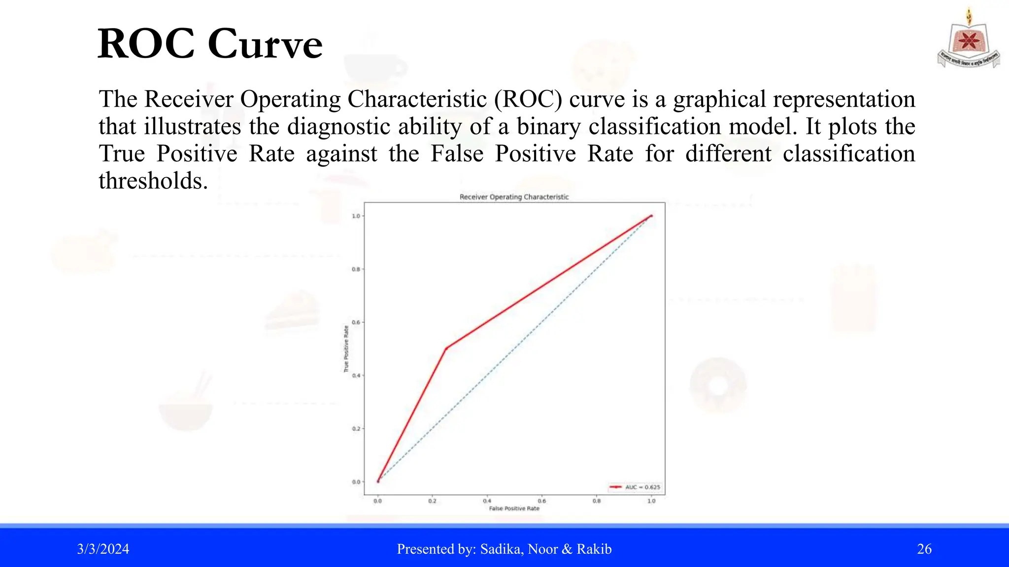 ROC Curve
The Receiver Operating Characteristic (ROC) curve is a graphical representation
that illustrates the diagnostic ability of a binary classification model. It plots the
True Positive Rate against the False Positive Rate for different classification
thresholds.
3/3/2024 Presented by: Sadika, Noor & Rakib 26
 