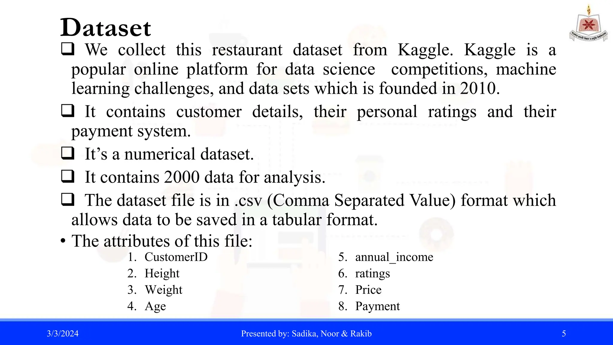 Dataset
 We collect this restaurant dataset from Kaggle. Kaggle is a
popular online platform for data science competitions, machine
learning challenges, and data sets which is founded in 2010.
 It contains customer details, their personal ratings and their
payment system.
 It’s a numerical dataset.
 It contains 2000 data for analysis.
 The dataset file is in .csv (Comma Separated Value) format which
allows data to be saved in a tabular format.
• The attributes of this file:
3/3/2024 Presented by: Sadika, Noor & Rakib 5
1. CustomerID
2. Height
3. Weight
4. Age
5. annual_income
6. ratings
7. Price
8. Payment
 