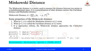 Minkowski Distance
The Minkowski distance is a metric used to measure the distance between two points in
a multidimensional space. It is a generalization of other distance metrics like Euclidean
distance and Manhattan distance.
Minkowski Distance, d = 𝑖=1
𝑛
|𝑥𝑖 − 𝑦𝑖 |𝑝
1
𝑝
Some properties of the Minkowski distance:
1. When p=1, it is called the Manhattan distance or L1 norm.
2. When p=2, it is called the Euclidean distance or L2 norm.
3. If p approaches infinity, the Minkowski distance approaches the Chebyshev
distance
point1 = data['weight']
point2 = data['height’]
p = 2
Distance = np.power(np.sum(np.abs(point1 - point2) ** p), 1/p)
Minkowski distance (p=2): 2698.0517
3/3/2024 Presented by: Sadika, Noor & Rakib 14
 