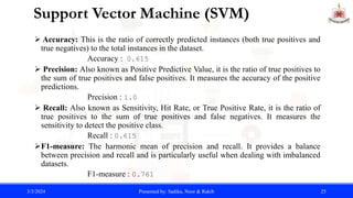 Support Vector Machine (SVM)
 Accuracy: This is the ratio of correctly predicted instances (both true positives and
true negatives) to the total instances in the dataset.
Accuracy : 0.615
 Precision: Also known as Positive Predictive Value, it is the ratio of true positives to
the sum of true positives and false positives. It measures the accuracy of the positive
predictions.
Precision : 1.0
 Recall: Also known as Sensitivity, Hit Rate, or True Positive Rate, it is the ratio of
true positives to the sum of true positives and false negatives. It measures the
sensitivity to detect the positive class.
Recall : 0.615
F1-measure: The harmonic mean of precision and recall. It provides a balance
between precision and recall and is particularly useful when dealing with imbalanced
datasets.
F1-measure : 0.761
3/3/2024 Presented by: Sadika, Noor & Rakib 25
 