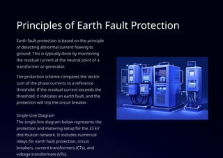 Principles of Earth Fault Protection
Earth fault protection is based on the principle
of detecting abnormal current flowing to
ground. This is typically done by monitoring
the residual current at the neutral point of a
transformer or generator.
The protection scheme compares the vector
sum of the phase currents to a reference
threshold. If the residual current exceeds the
threshold, it indicates an earth fault, and the
protection will trip the circuit breaker.
Single-Line Diagram
The single-line diagram below represents the
protection and metering setup for the 33 kV
distribution network. It includes numerical
relays for earth fault protection, circuit
breakers, current transformers (CTs), and
voltage transformers (VTs).
 