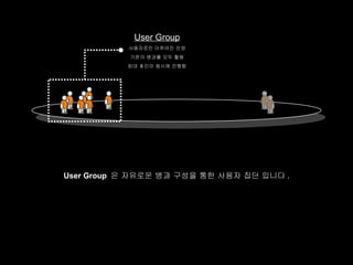 User Group
           사용자로만 이루어진 진영
           기존의 병과를 모두 활용
           최대 8 인이 동시에 진행함




User Group 은 자유로운 병과 구성을 통한 사용자 집단 입니다 .
 