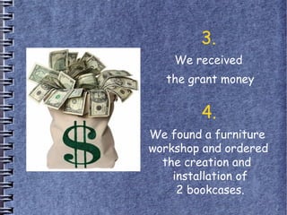 3.
We received
the grant money
4.
We found a furniture
workshop and ordered
the creation and
installation of
2 bookcases.
 