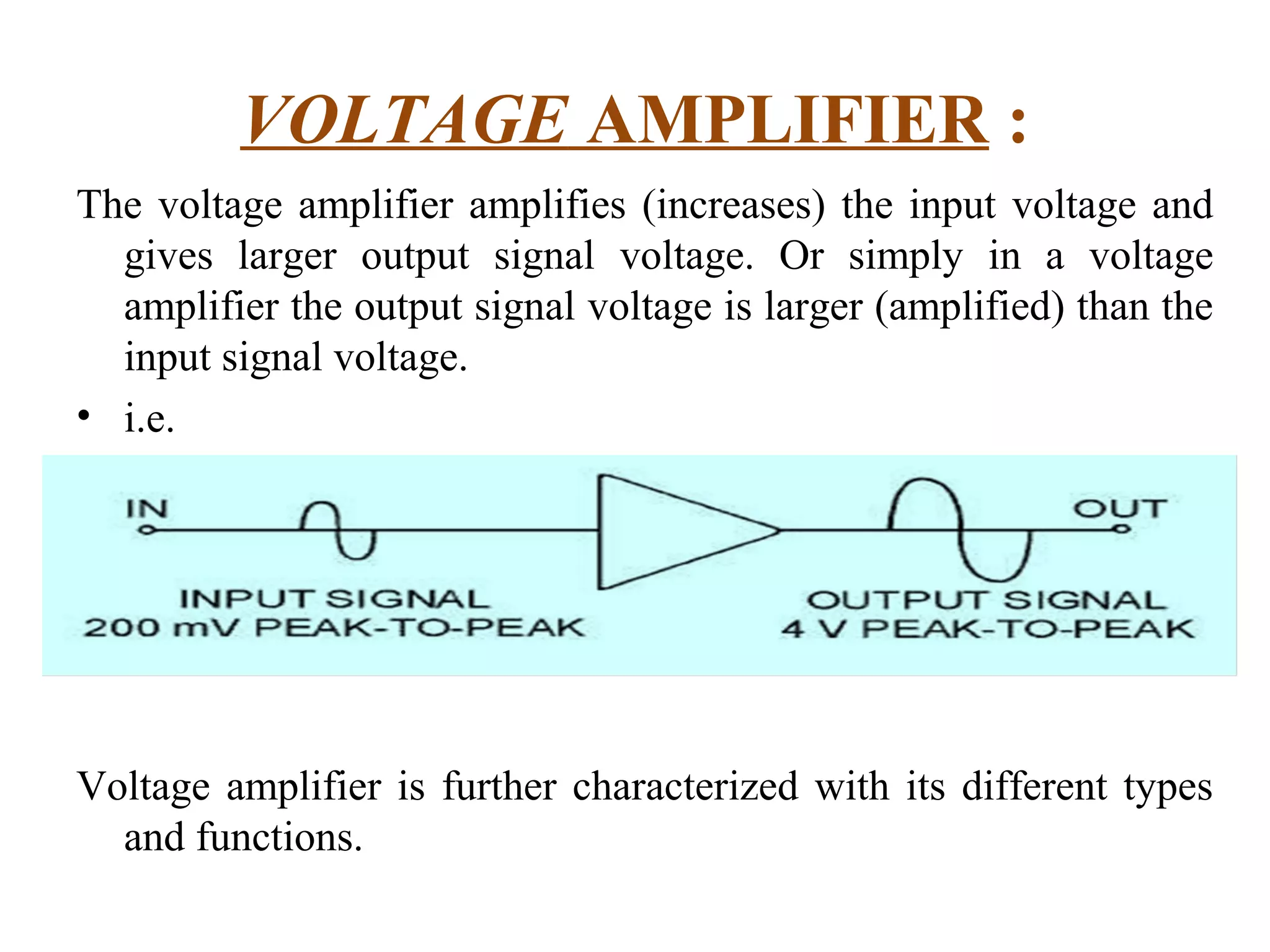 VOLTAGE AMPLIFIER :
The voltage amplifier amplifies (increases) the input voltage and
  gives larger output signal voltage. Or simply in a voltage
  amplifier the output signal voltage is larger (amplified) than the
  input signal voltage.
• i.e.




Voltage amplifier is further characterized with its different types
  and functions.
 
