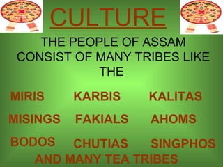 CULTURE THE PEOPLE OF ASSAM CONSIST OF MANY TRIBES LIKE THE  MIRIS MISINGS BODOS KARBIS FAKIALS CHUTIAS KALITAS AHOMS SINGPHOS AND MANY TEA TRIBES 
