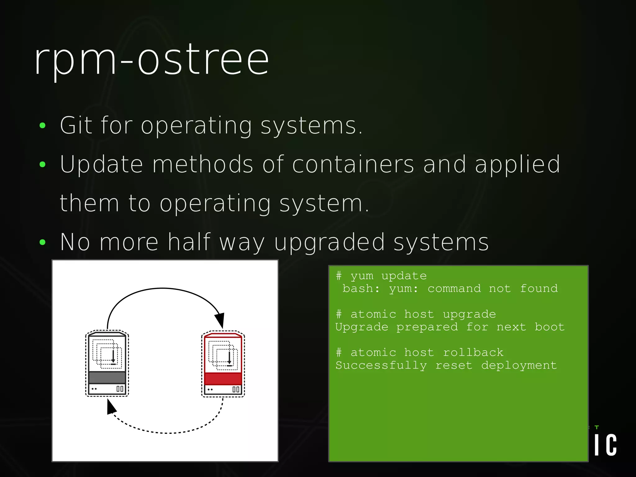 rpm-ostree
●
Git for operating systems.
●
Update methods of containers and applied
them to operating system.
●
No more half way upgraded systems
# yum update
bash: yum: command not found
# atomic host upgrade
Upgrade prepared for next boot
# atomic host rollback
Successfully reset deployment
 