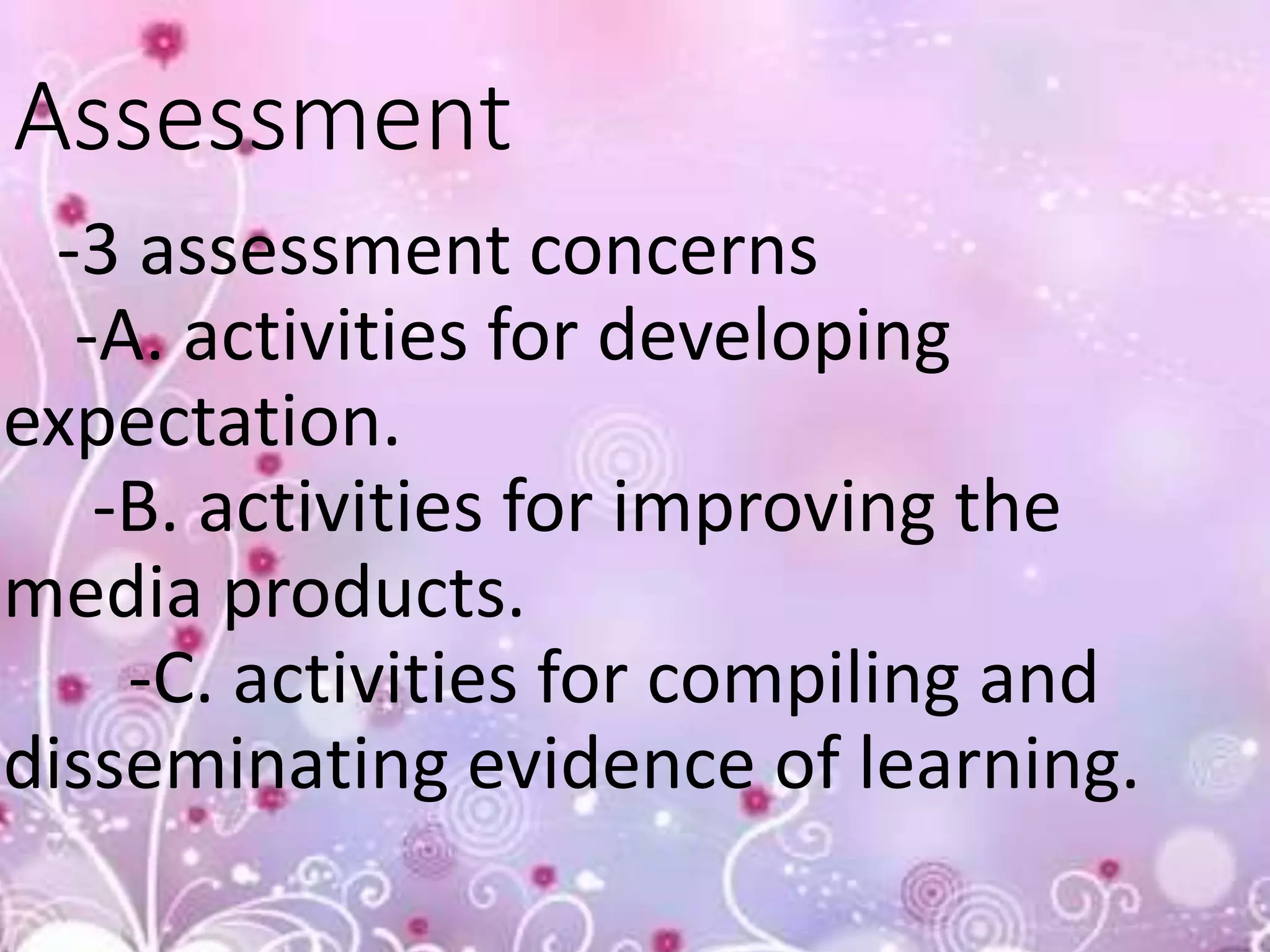 Assessment
-3 assessment concerns
-A. activities for developing
expectation.
-B. activities for improving the
media products.
-C. activities for compiling and
disseminating evidence of learning.
 