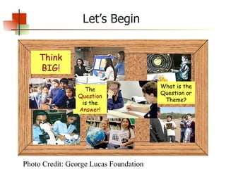 Let’s Begin Photo Credit: George Lucas Foundation Think BIG! The  Question  is the  Answer! What is the Question or Theme? 