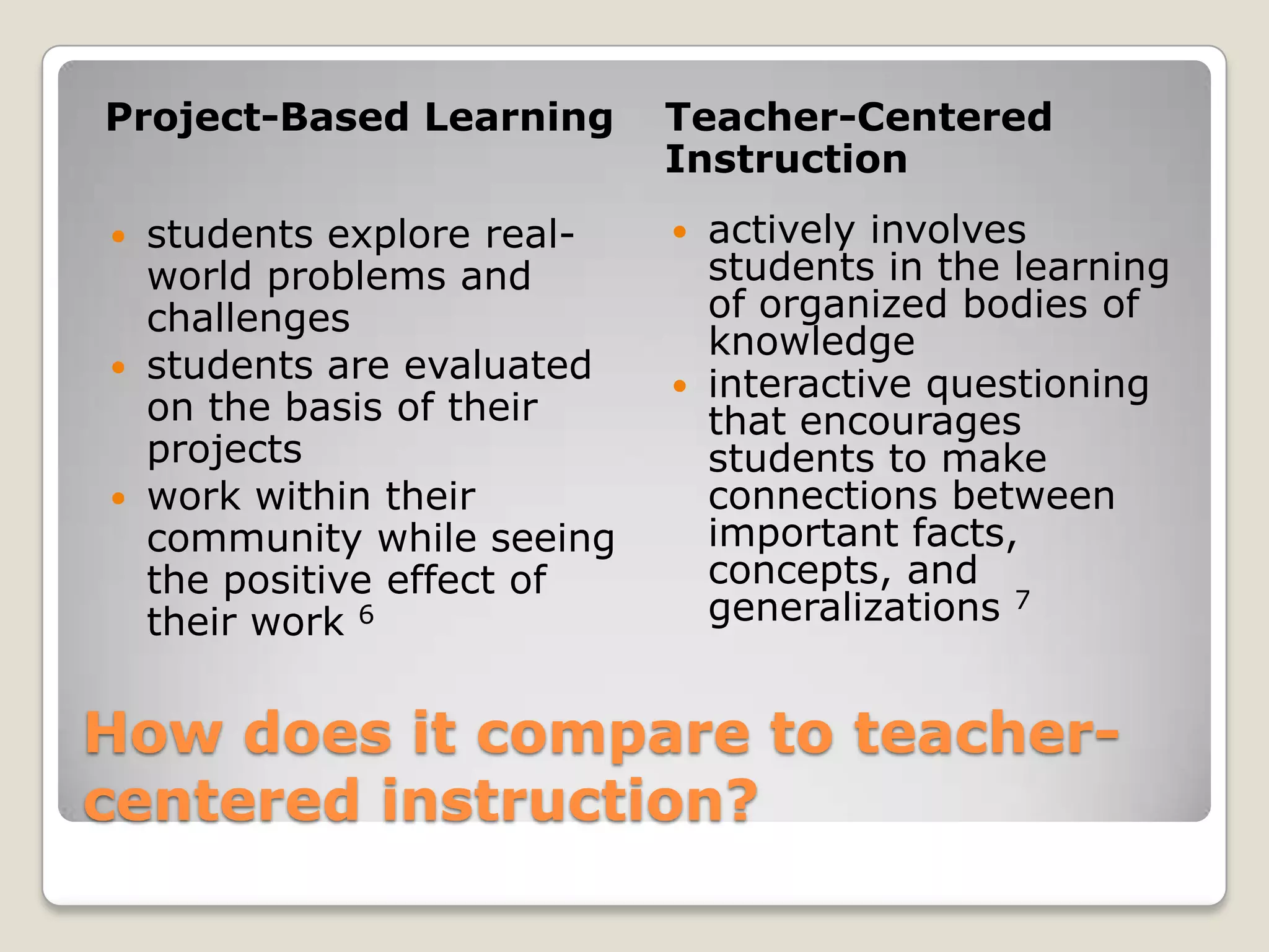 How does it compare to teacher-centered instruction?Project-Based Learning	Teacher-Centered Instructionstudents explore real-world problems and challengesstudents are evaluated on the basis of their projectswork within their community while seeing the positive effect of their work 6actively involves students in the learning of organized bodies of knowledgeinteractive questioning that encourages students to make connections between important facts, concepts, and generalizations 7