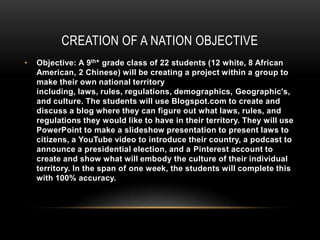 CREATION OF A NATION OBJECTIVE
•

Objective: A 9th* grade class of 22 students (12 white, 8 African
American, 2 Chinese) will be creating a project within a group to
make their own national territory
including, laws, rules, regulations, demographics, Geographic's,
and culture. The students will use Blogspot.com to create and
discuss a blog where they can figure out what laws, rules, and
regulations they would like to have in their territory. They will use
PowerPoint to make a slideshow presentation to present laws to
citizens, a YouTube video to introduce their country, a podcast to
announce a presidential election, and a Pinterest account to
create and show what will embody the culture of their individual
territory. In the span of one week, the students will complete this
with 100% accuracy.

 