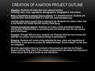 CREATION OF A NATION PROJECT OUTLINE
•

Objective: Students will make their own national territory
including, laws, rules, regulations, demographics, Geographic's, and culture

•

Make a PowerPoint to present laws to citizens- In a detailed manner, students will
compose laws and present them in a clear and understandable way.

•

YouTube video about country that is coming to be- Students can make a video, that
is not limited, but entails how the country came along.

•

Podcast presidential election- Students can make a mock presidential debate, a
play by play of Election Day, or something that will illustrate how the new country
got its first leader.

•

Pinterest- Through different pins, students can illustrate what the new country will
look like, its culture, and recreational things to participate in.

•

Blogging- Students will create a blog debating the laws, rules, and regulations of
the country. It will serve as a place for debate amongst “future citizens” as the laws
are composed.

•

All of the applications that are involved in this project are tied into the ProjectBased Learning Pillar. Each of the smaller projects within the whole unit involves an
online source work that is hands on and interactive.

 