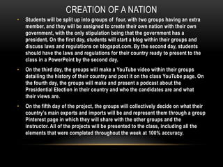 CREATION OF A NATION
•

Students will be split up into groups of four, with two groups having an extra
member, and they will be assigned to create their own nation with their own
government, with the only stipulation being that the government has a
president. On the first day, students will start a blog within their groups and
discuss laws and regulations on blogspot.com. By the second day, students
should have the laws and regulations for their country ready to present to the
class in a PowerPoint by the second day.

•

On the third day, the groups will make a YouTube video within their groups
detailing the history of their country and post it on the class YouTube page. On
the fourth day, the groups will make and present a podcast about the
Presidential Election in their country and who the candidates are and what
their views are.

•

On the fifth day of the project, the groups will collectively decide on what their
country’s main exports and imports will be and represent them through a group
Pinterest page in which they will share with the other groups and the
instructor. All of the projects will be presented to the class, including all the
elements that were completed throughout the week at 100% accuracy.

 
