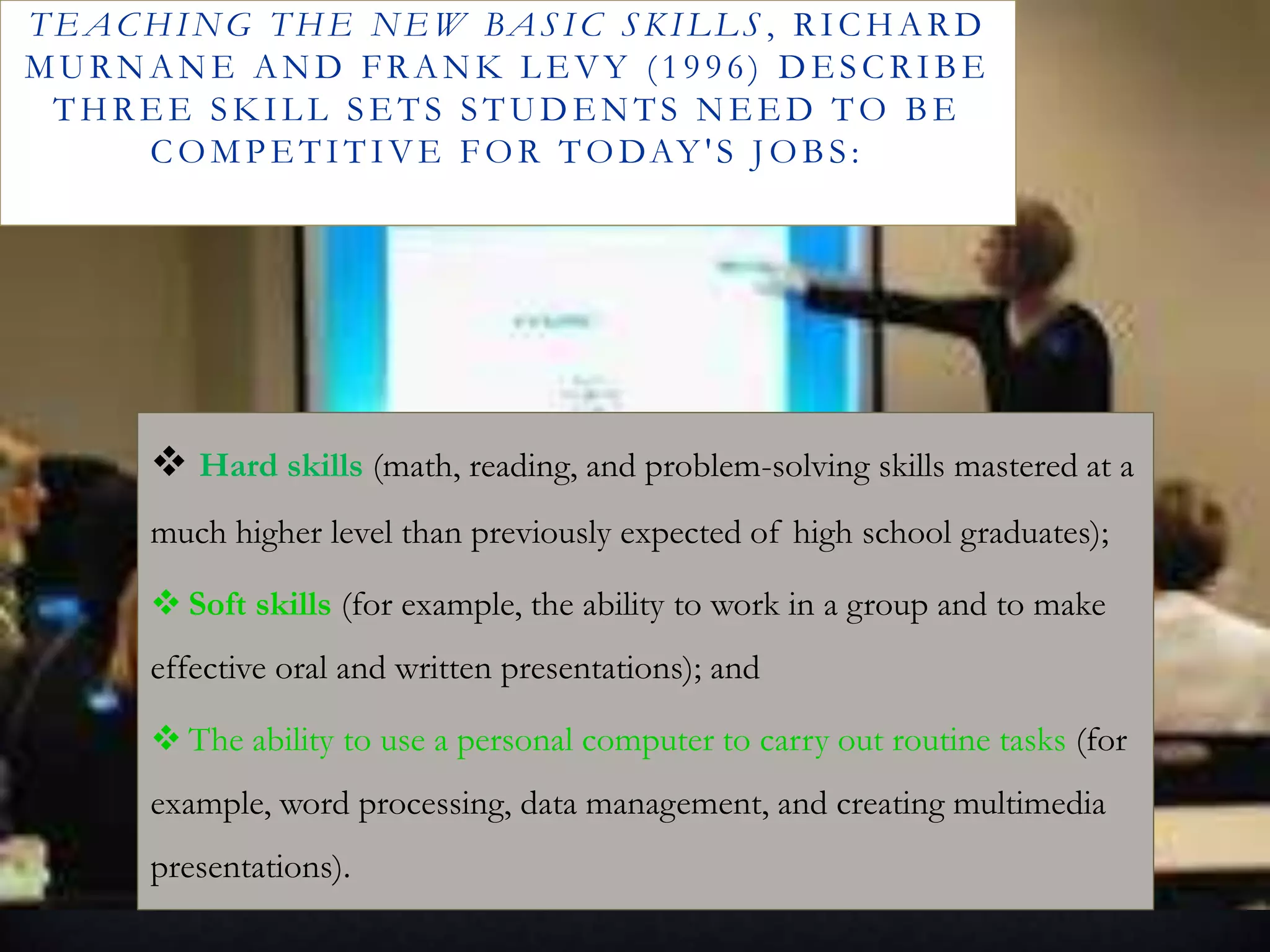 TEACHING THE NEW BAS IC S KILLS , RICHARD
MURNANE AND FRANK LEVY (1996) DESCRIBE
THRE E SK IL L SE TS STUDE NTS NE E D TO BE
COMPE TITIVE FOR TODAY 'S J OBS:
 Hard skills (math, reading, and problem-solving skills mastered at a
much higher level than previously expected of high school graduates);
 Soft skills (for example, the ability to work in a group and to make
effective oral and written presentations); and
 The ability to use a personal computer to carry out routine tasks (for
example, word processing, data management, and creating multimedia
presentations).
 