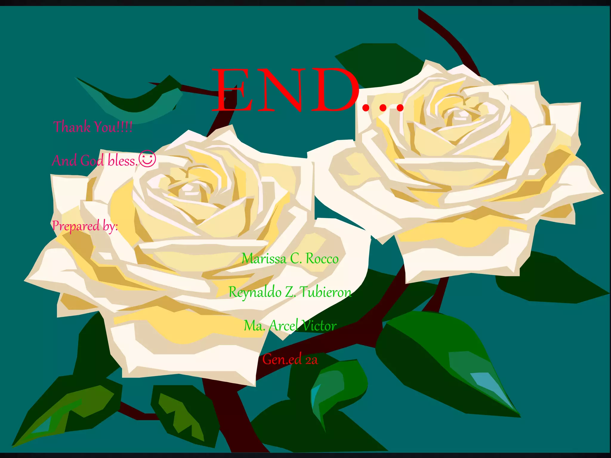 END...Thank You!!!!
And God bless.☺
Prepared by:
Marissa C. Rocco
Reynaldo Z. Tubieron
Ma. Arcel Victor
Gen.ed 2a
 