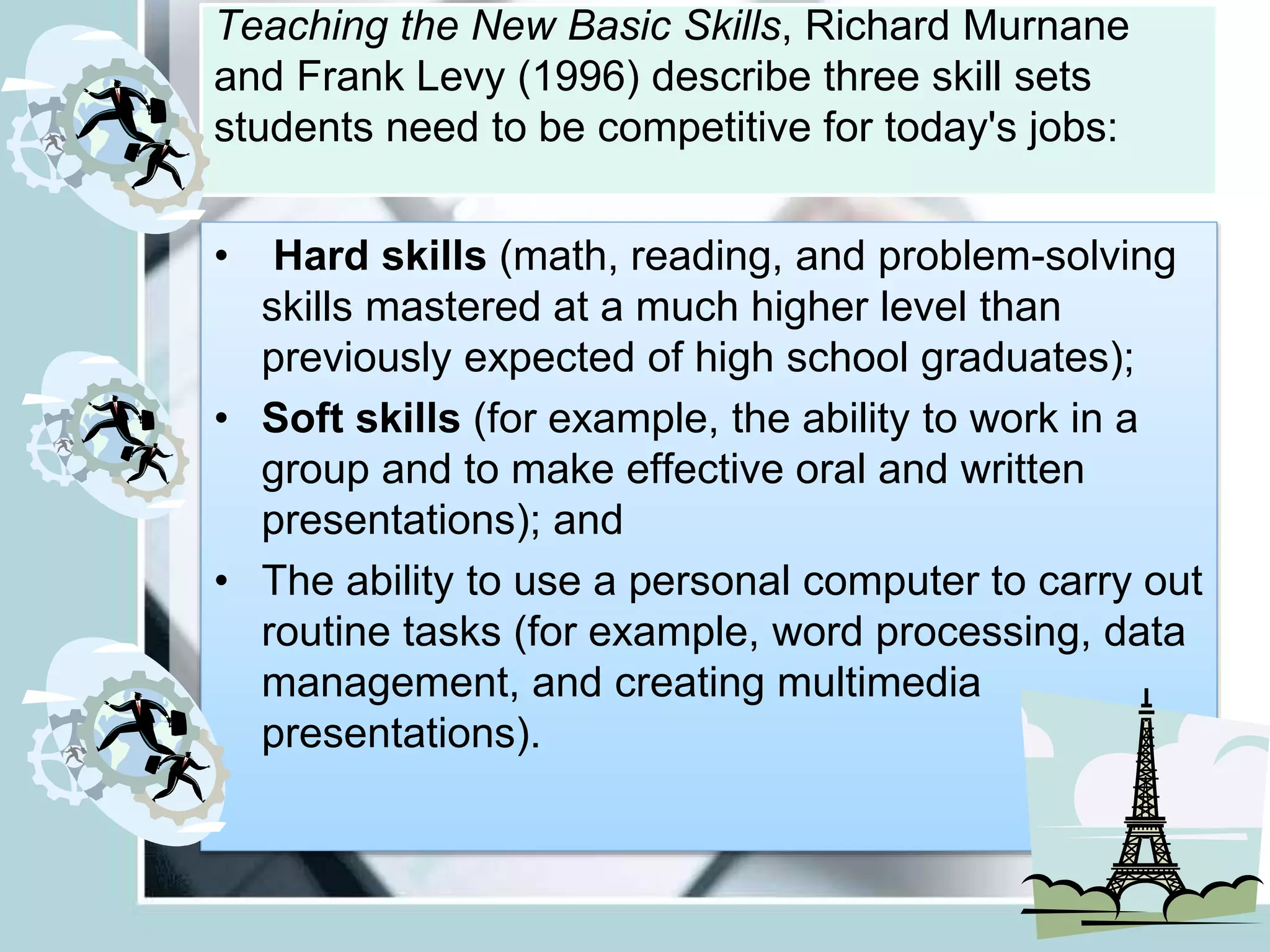 Teaching the New Basic Skills, Richard Murnane
and Frank Levy (1996) describe three skill sets
students need to be competitive for today's jobs:
• Hard skills (math, reading, and problem-solving
skills mastered at a much higher level than
previously expected of high school graduates);
• Soft skills (for example, the ability to work in a
group and to make effective oral and written
presentations); and
• The ability to use a personal computer to carry out
routine tasks (for example, word processing, data
management, and creating multimedia
presentations).
 