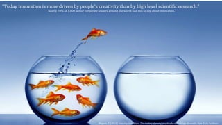 “Today innovation is more driven by people’s creativity than by high level scientific research.”
Nearly 70% of 1,000 senior corporate leaders around the world had this to say about innovation.
Wagner, T. (2012). Creating innovators: The making of young people who will change the world. New York: Scribner.
 