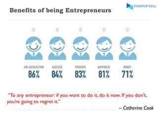 Benefits of being Entrepreneurs
“To any entrepreneur: if you want to do it, do it now. If you don’t,
you’re going to regret it.”
– Catherine Cook
 