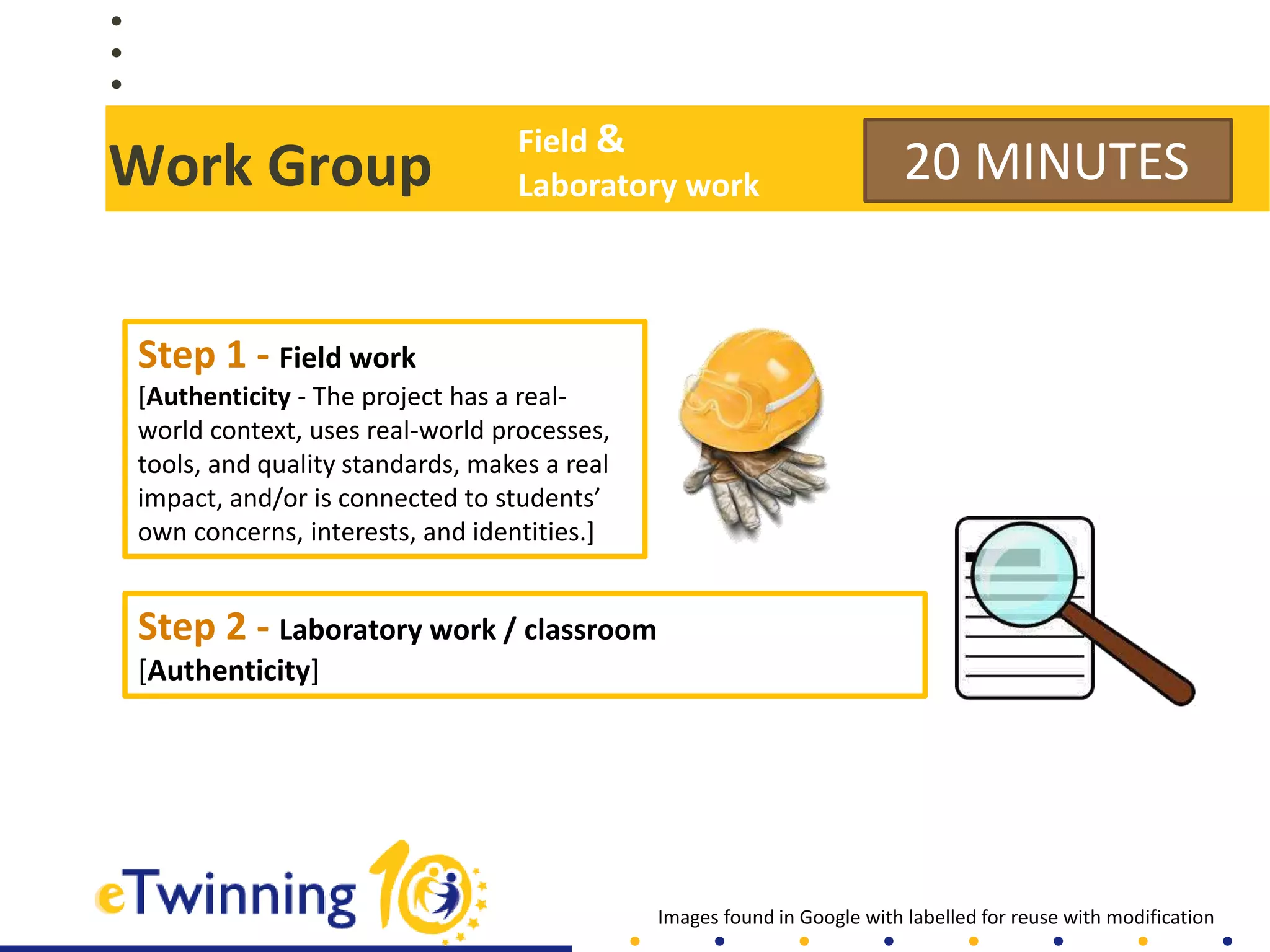 Work Group
Step 2 - Laboratory work / classroom
[Authenticity]
20 MINUTES
Step 1 - Field work
[Authenticity - The project has a real-
world context, uses real-world processes,
tools, and quality standards, makes a real
impact, and/or is connected to students’
own concerns, interests, and identities.]
Images found in Google with labelled for reuse with modification
Field &
Laboratory work
 