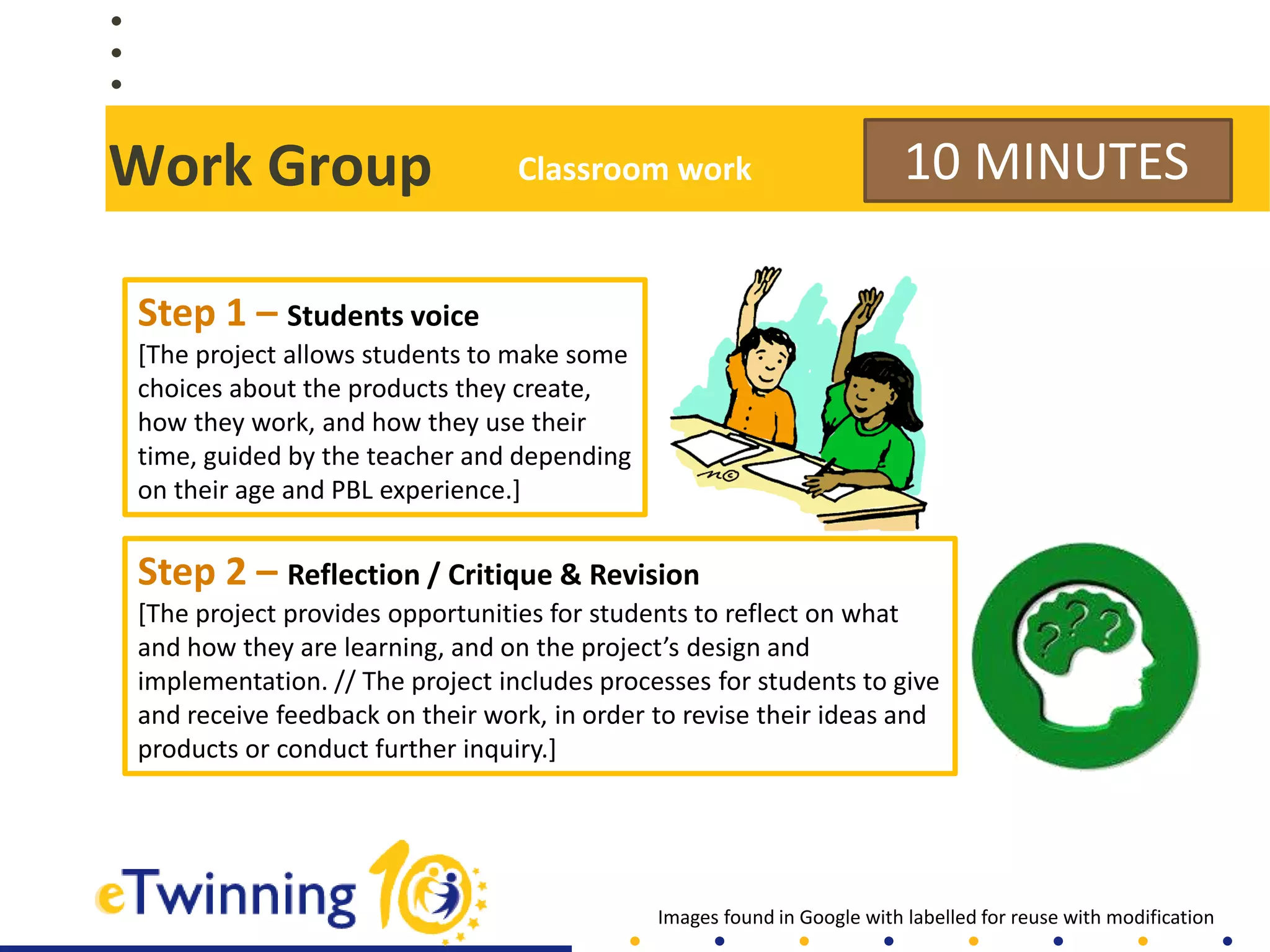 Work Group
Step 2 – Reflection / Critique & Revision
[The project provides opportunities for students to reflect on what
and how they are learning, and on the project’s design and
implementation. // The project includes processes for students to give
and receive feedback on their work, in order to revise their ideas and
products or conduct further inquiry.]
10 MINUTES
Step 1 – Students voice
[The project allows students to make some
choices about the products they create,
how they work, and how they use their
time, guided by the teacher and depending
on their age and PBL experience.]
Images found in Google with labelled for reuse with modification
Classroom work
 