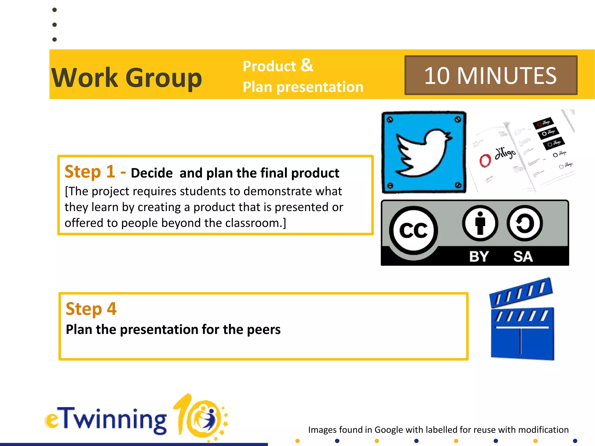 Work Group 10 MINUTES
Step 1 - Decide and plan the final product
[The project requires students to demonstrate what
they learn by creating a product that is presented or
offered to people beyond the classroom.]
Images found in Google with labelled for reuse with modification
Step 4
Plan the presentation for the peers
Product &
Plan presentation
 