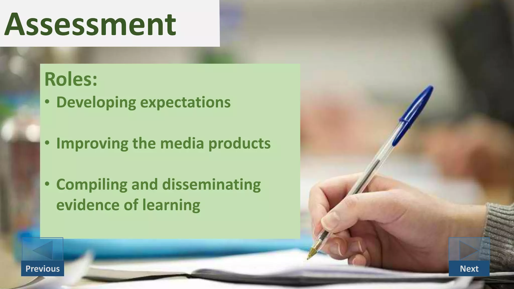 Assessment
Roles:
• Developing expectations
• Improving the media products
• Compiling and disseminating
evidence of learning
NextPrevious
 