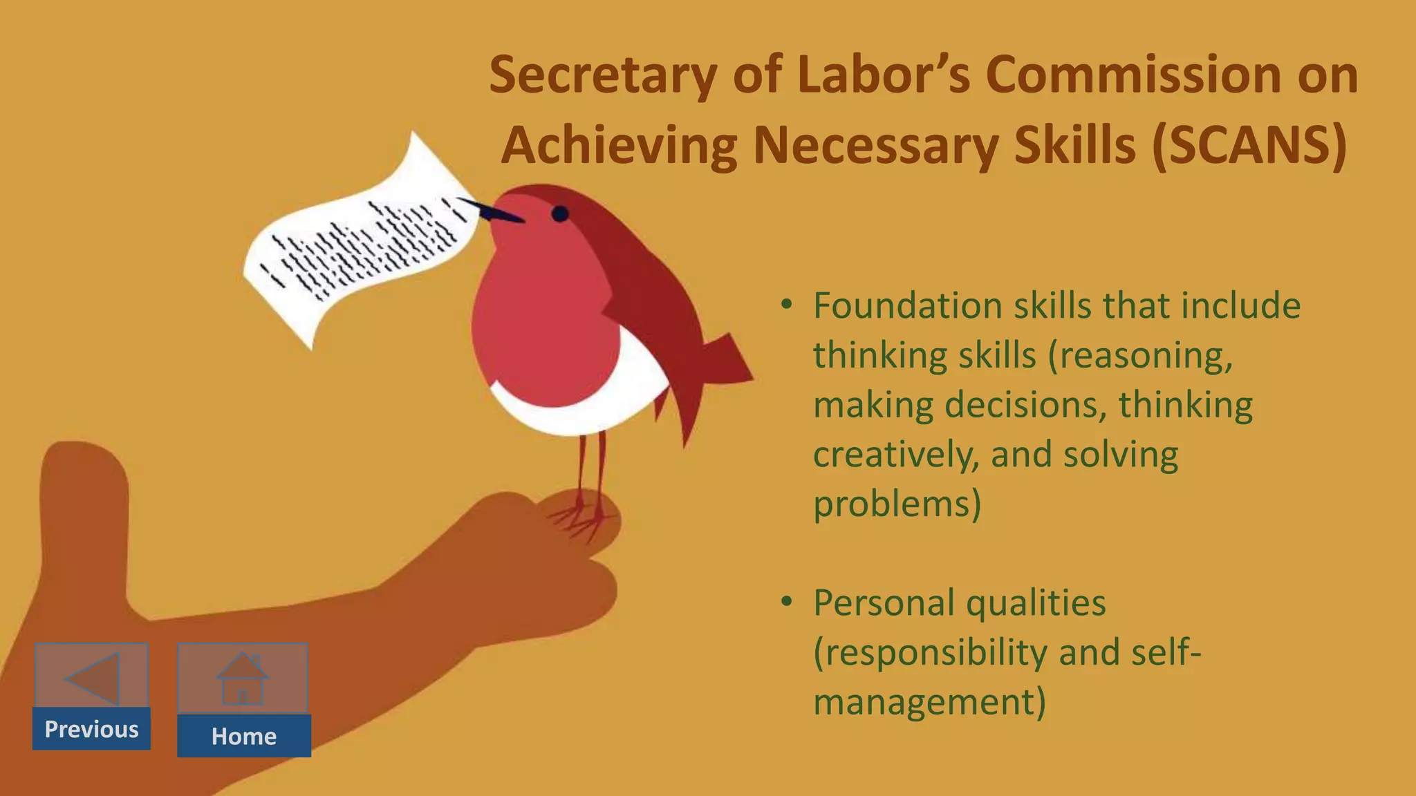 Secretary of Labor’s Commission on
Achieving Necessary Skills (SCANS)
• Foundation skills that include
thinking skills (reasoning,
making decisions, thinking
creatively, and solving
problems)
• Personal qualities
(responsibility and self-
management)
Previous Home
 