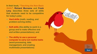 In their book, “Teaching the New Basic
Skills”, Richard Murname and Frank
Levy, describes three sets of skills
that students need to be competitive
for today’s jobs:
 Hard skills (math, reading, and
problem-solving skills)
 Soft skills (the ability to work in a
group and to make effective oral
and written presentations); and
 The ability to use a personal
computer to carry out routine tasks
(word processing, data
management, and creating
multimedia presentations)
Next
 