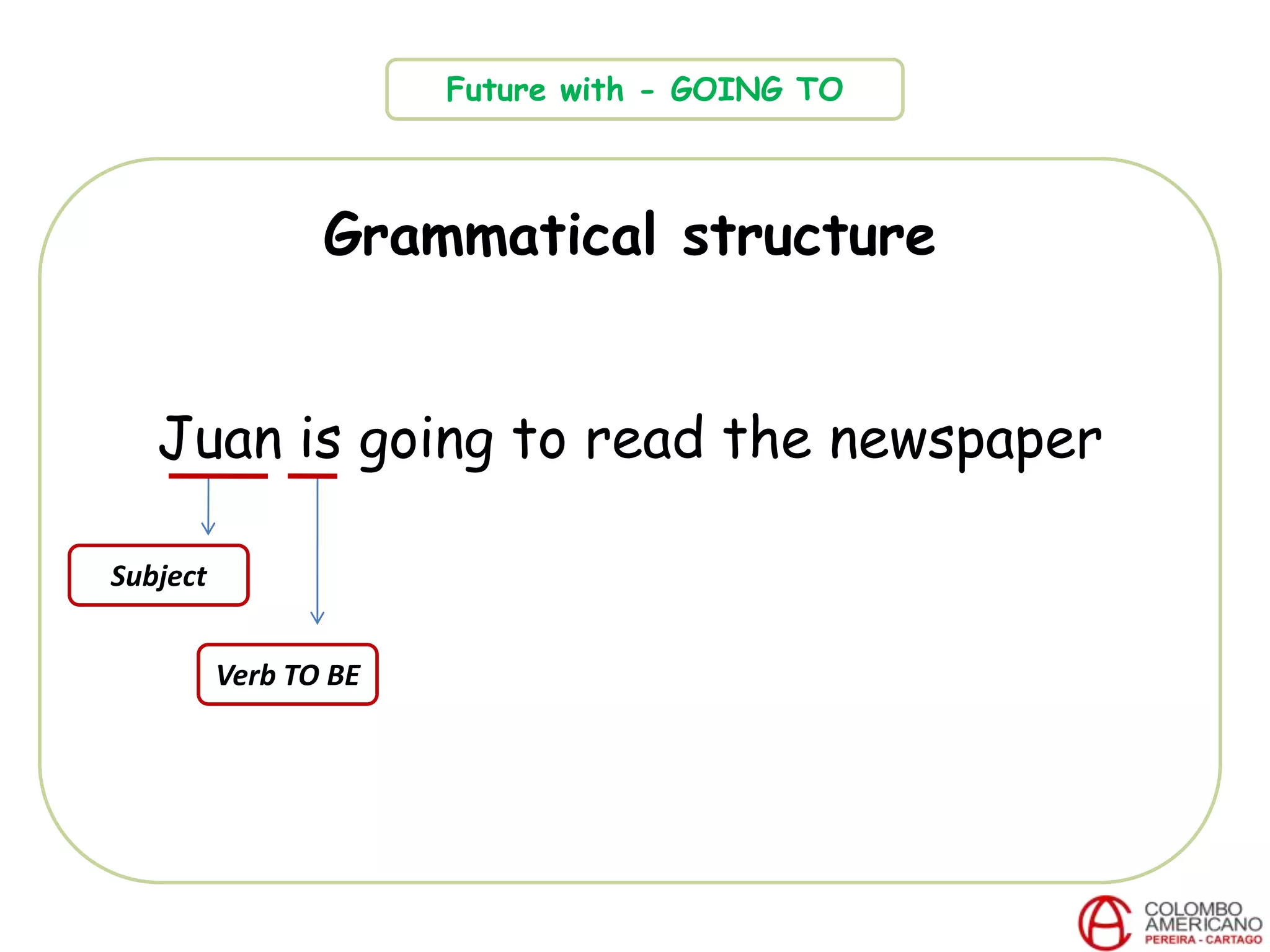 Grammatical structure
Juan is going to read the newspaper
Future with - GOING TO
Subject
Verb TO BE
 