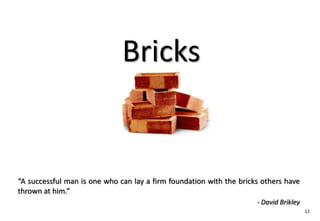 Bricks


“A successful man is one who can lay a firm foundation with the bricks others have
thrown at him.”
                                                                     - David Brikley
                                                                                       12
 