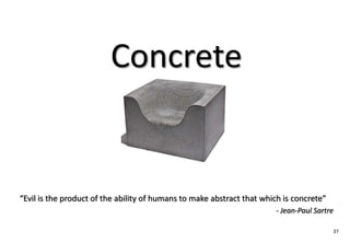 Concrete


“Evil is the product of the ability of humans to make abstract that which is concrete”
                                                                       - Jean-Paul Sartre

                                                                                         37
 