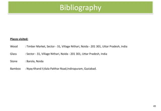 Bibliography


Places visited:

Wood        : Timber Market, Sector - 31, Village Nithari, Noida - 201 301, Uttar Pradesh, India

Glass       : Sector - 31, Village Nithari, Noida - 201 301, Uttar Pradesh, India

Stone       : Barola, Noida

Bamboo      : Nyay Khand II,Kala Patthar Road,Indirapuram, Gaziabad.




                                                                                                   49
 