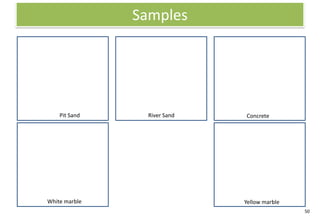 Samples




    Pit Sand     River Sand   Concrete




White marble                  Yellow marble
                                              50
 